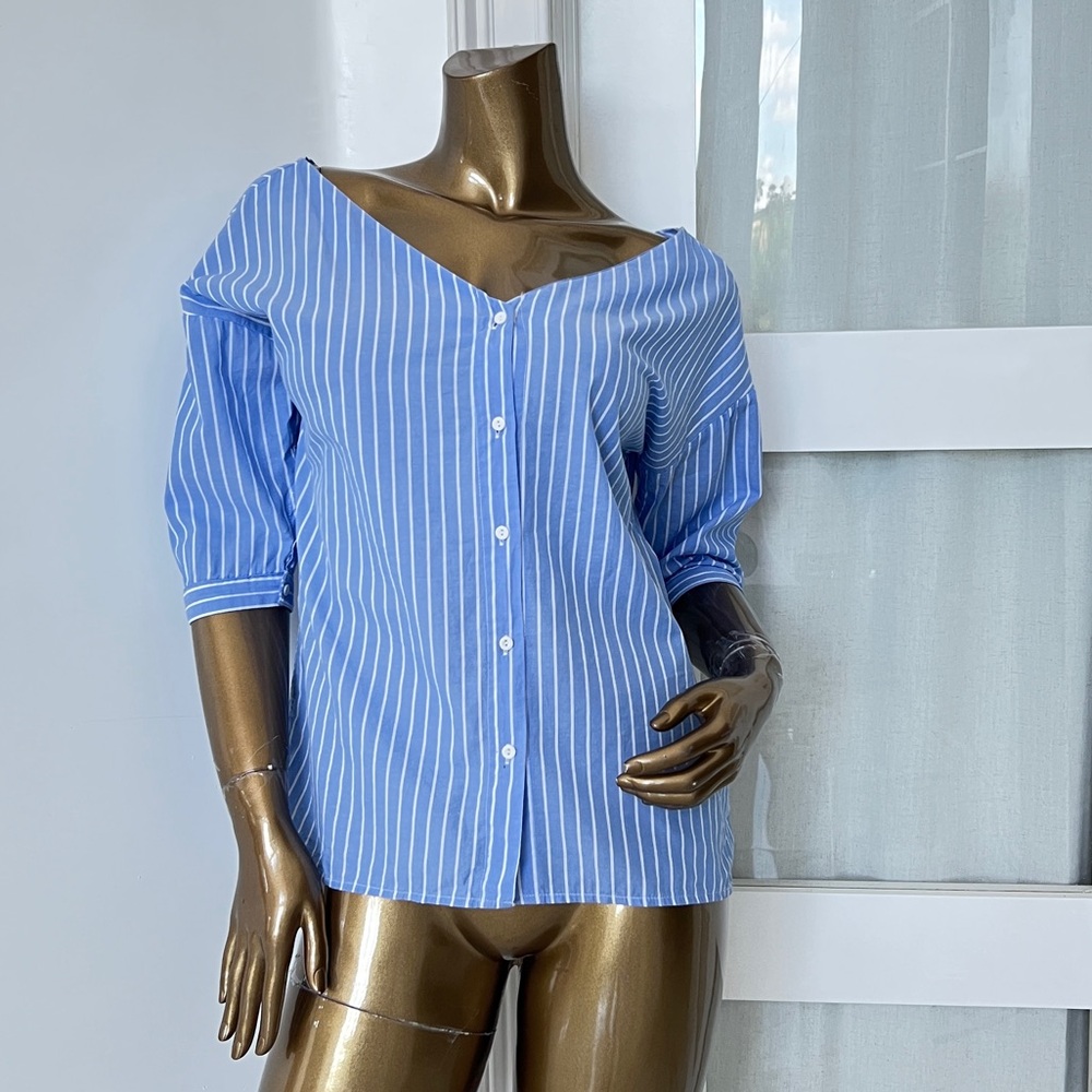 Fashion Nova Blue and White Striped Button Down Shirt